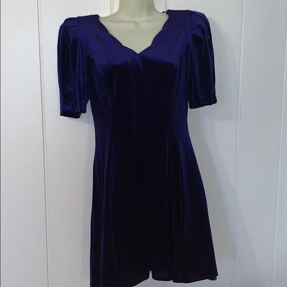 Vtg 80s/90s blue velvet  bow on back party dress - Picture 3 of 7